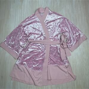 Alexander Del Rossa Pink Crushed Velvet Tie Waist Romantic Glam Lounge Robe L/XL